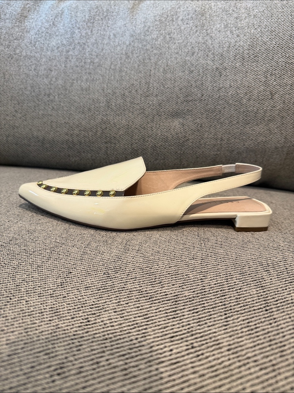 CECELIA NEW YORK Cream Patent Slingback Loafer with Gold Studs